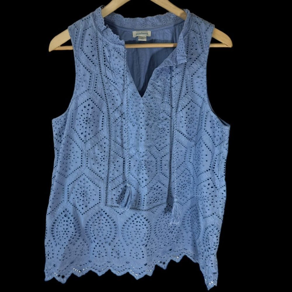 Sundance Sebilla NWOT Blue Sleeveless Eyelet Lined Tassel Top Sz L